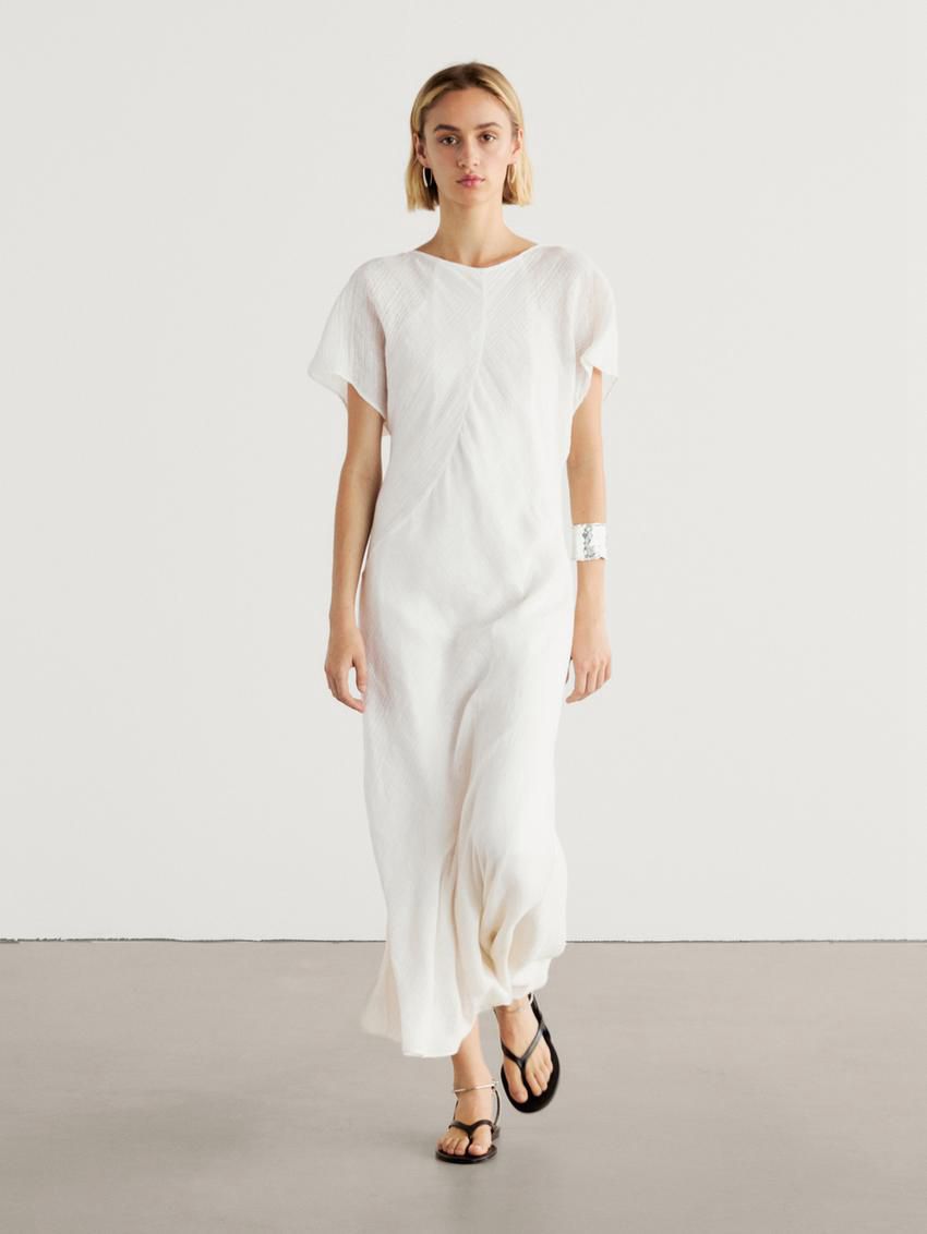 Massimo Dutti Long Short Sleeve Linen Women Dress Beige | US-WQ2694750