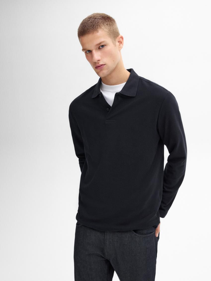 Massimo Dutti Long Sleeve Comfort Men Polo Shirt Navy | US-ZE1580732