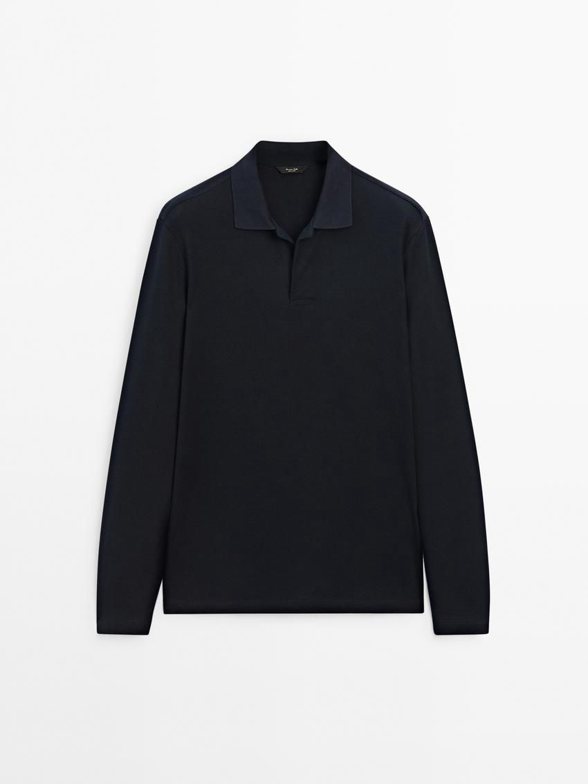 Massimo Dutti Long Sleeve Comfort Men Polo Shirt Navy | US-ZE1580732