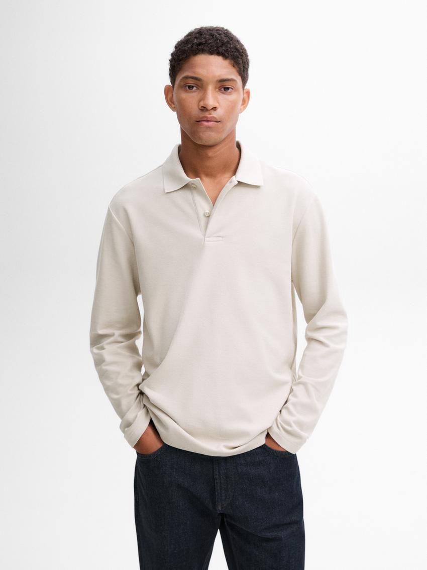 Massimo Dutti Long Sleeve Comfort Men Polo Shirt Beige | US-LG0358642