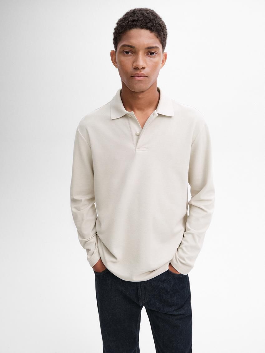 Massimo Dutti Long Sleeve Comfort Men Polo Shirt Beige | US-LG0358642