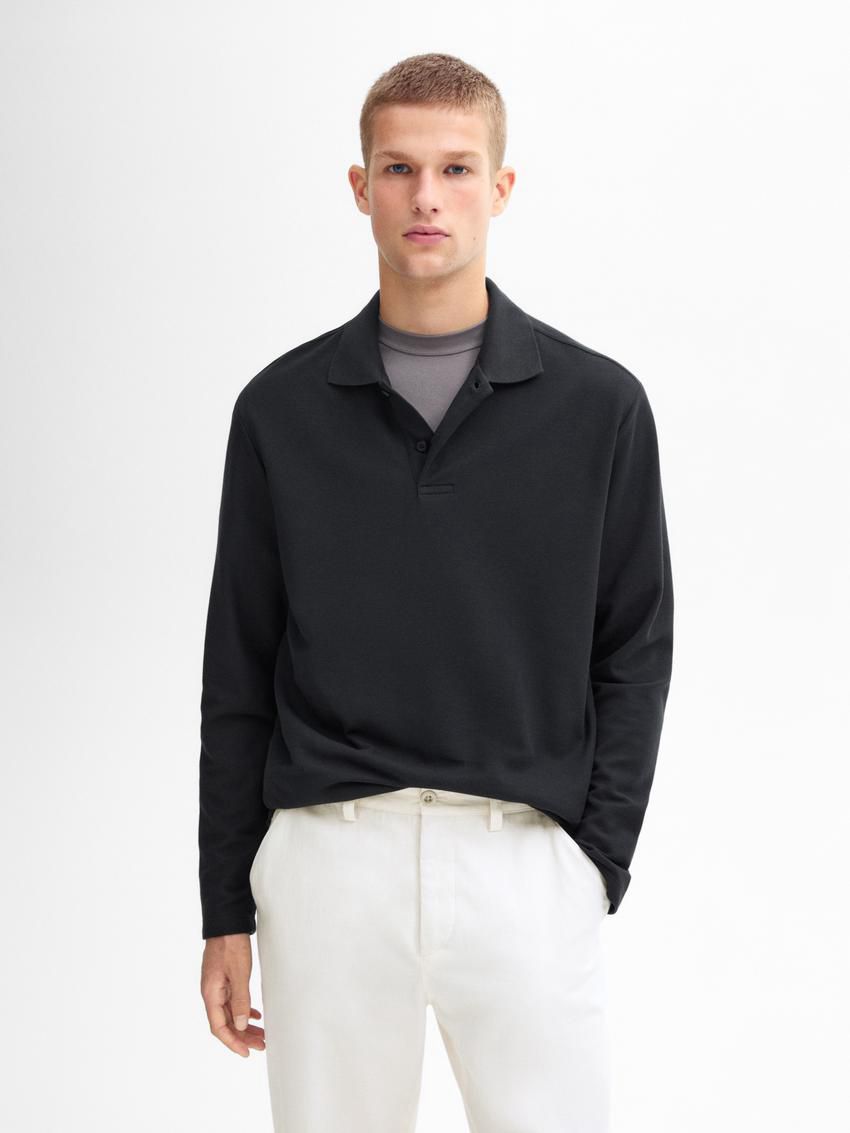 Massimo Dutti Long Sleeve Comfort Men Polo Shirt Black | US-GS0425971