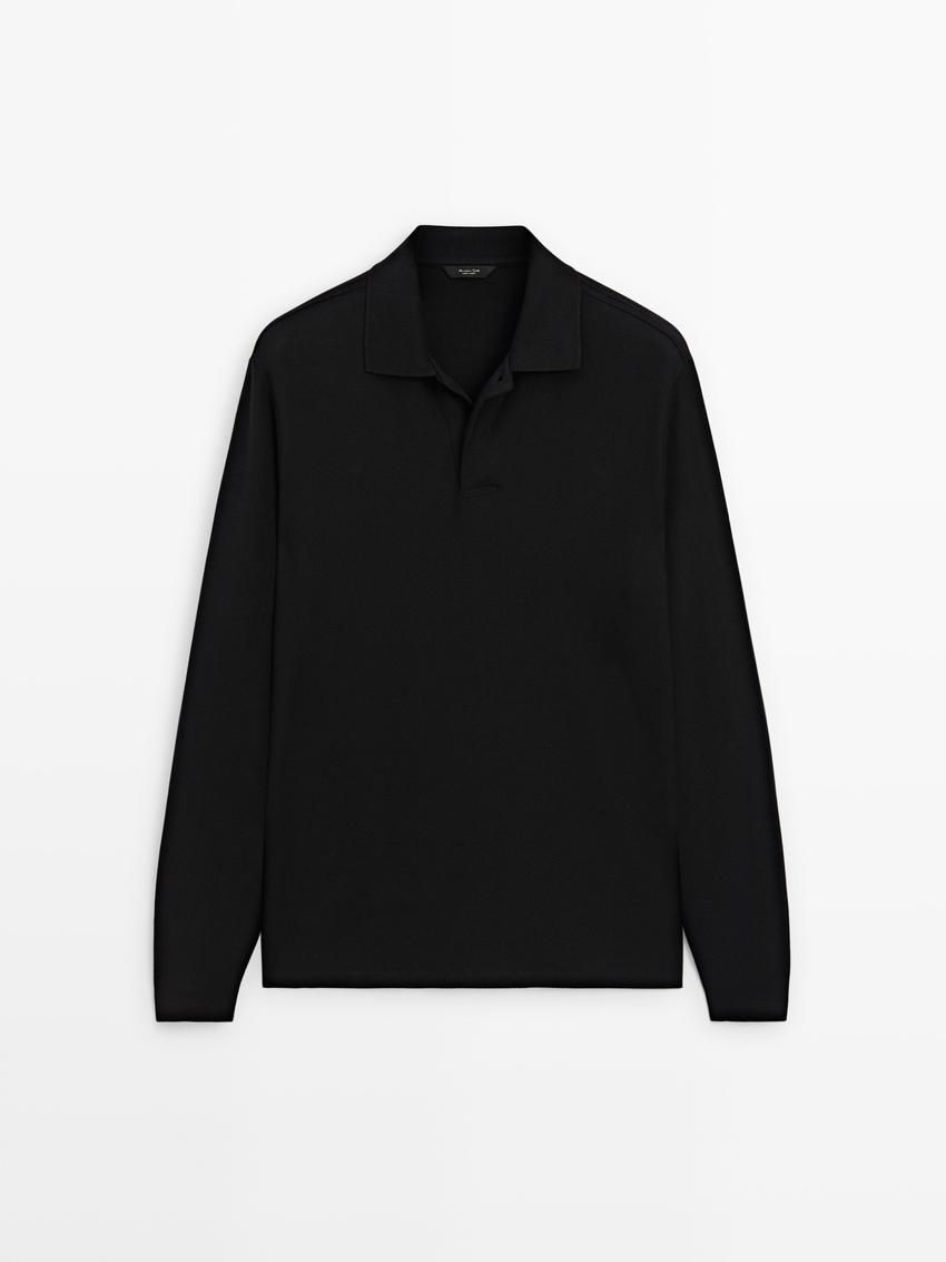 Massimo Dutti Long Sleeve Comfort Men Polo Shirt Black | US-GS0425971
