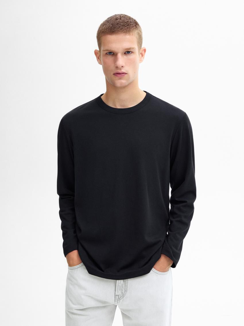 Massimo Dutti Long Sleeve Cotton Blend Men T-Shirt Navy | US-VG9203581