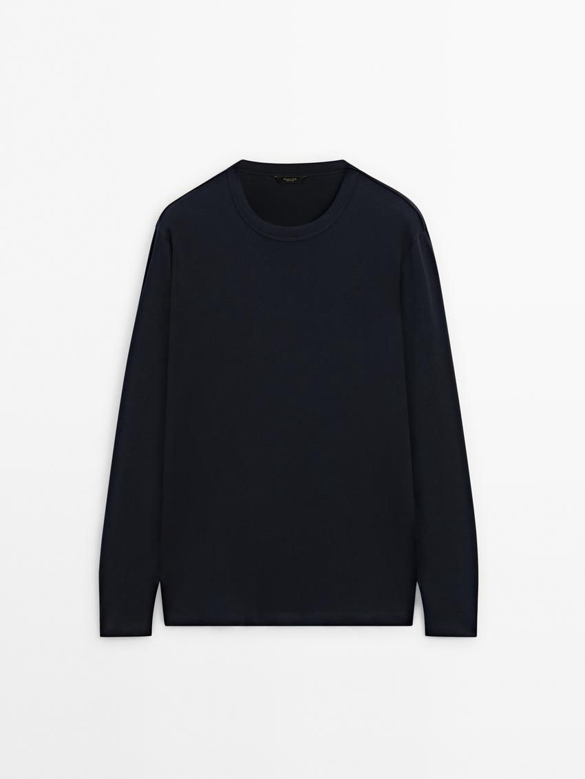 Massimo Dutti Long Sleeve Cotton Blend Men T-Shirt Navy | US-VG9203581