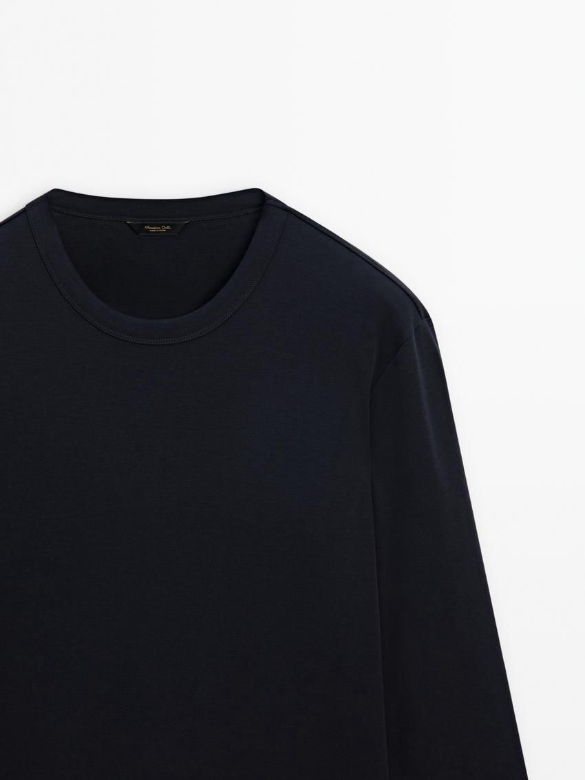 Massimo Dutti Long Sleeve Cotton Blend Men T-Shirt Navy | US-VG9203581