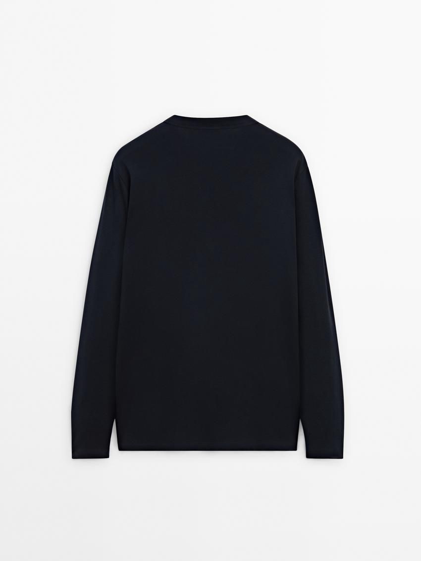 Massimo Dutti Long Sleeve Cotton Blend Men T-Shirt Navy | US-VG9203581