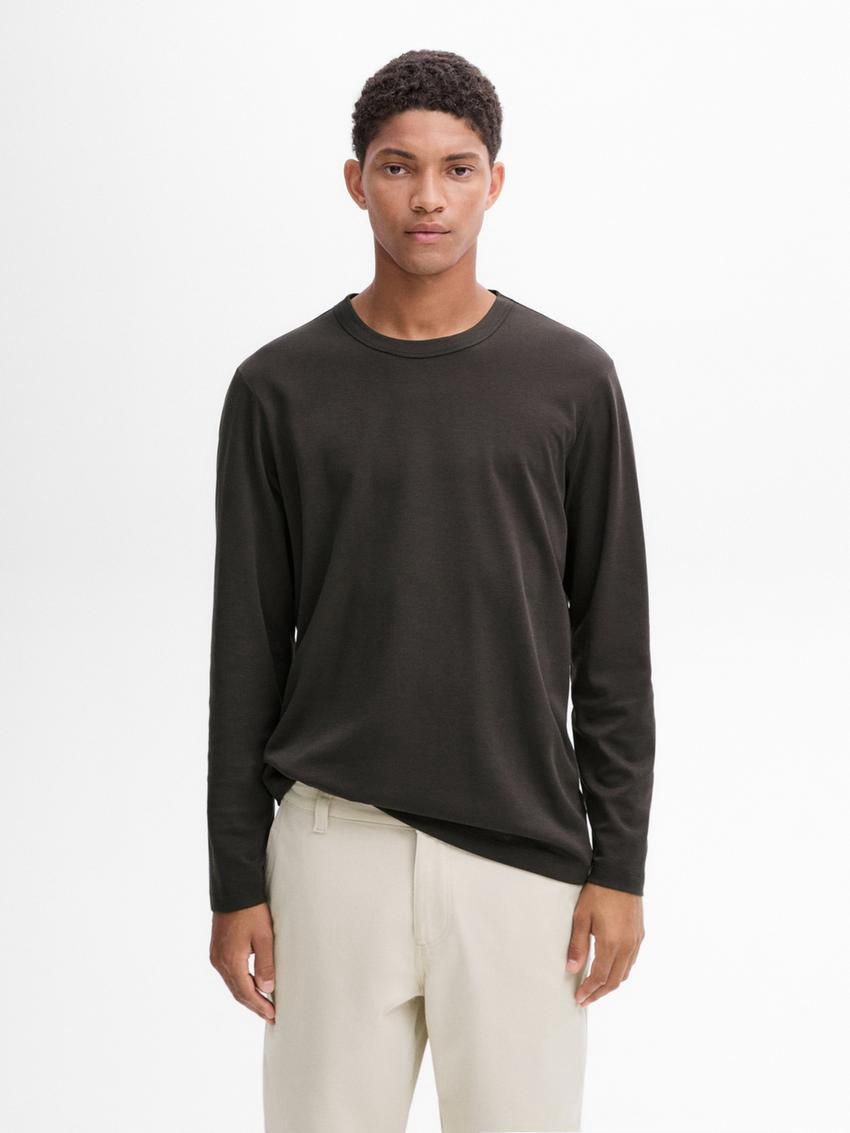 Massimo Dutti Long Sleeve Cotton Blend Men T-Shirt Dark Grey | US-SQ6938501