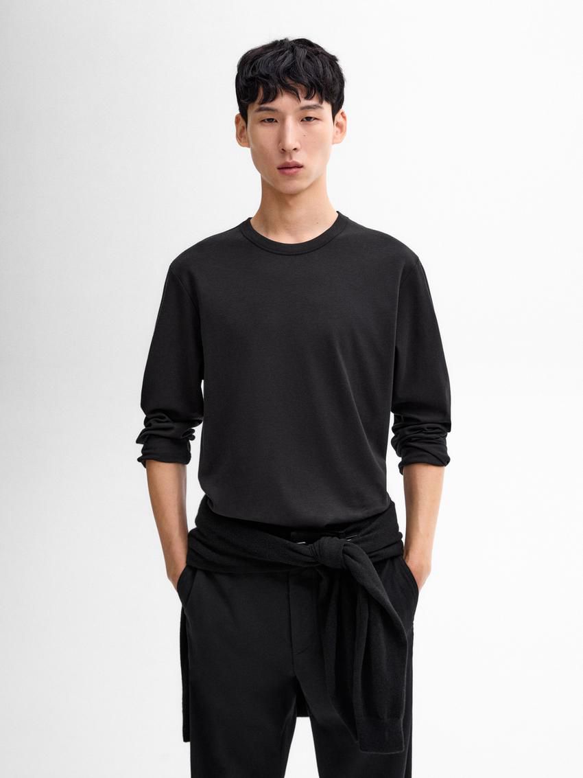 Massimo Dutti Long Sleeve Cotton Blend Men T-Shirt Black | US-UI6548903