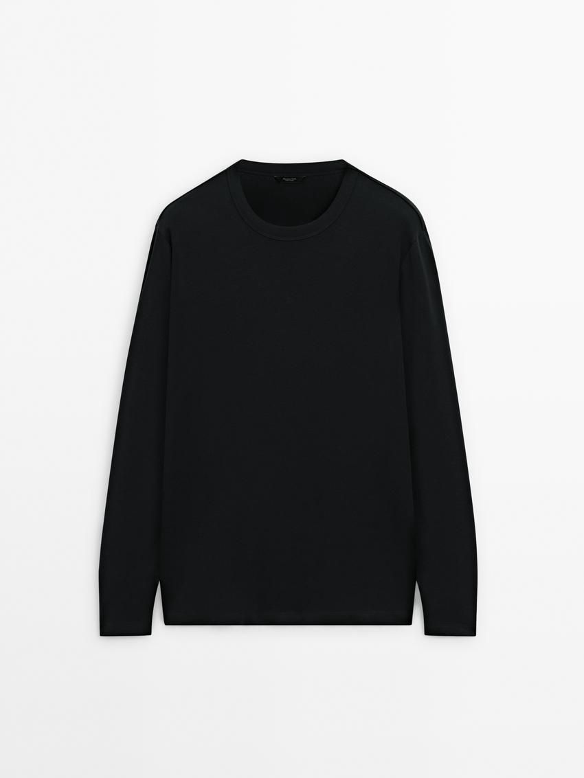 Massimo Dutti Long Sleeve Cotton Blend Men T-Shirt Black | US-UI6548903