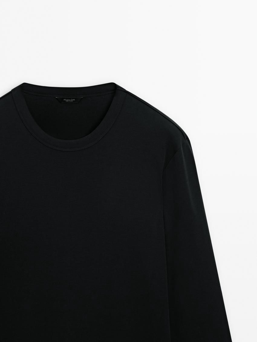 Massimo Dutti Long Sleeve Cotton Blend Men T-Shirt Black | US-UI6548903