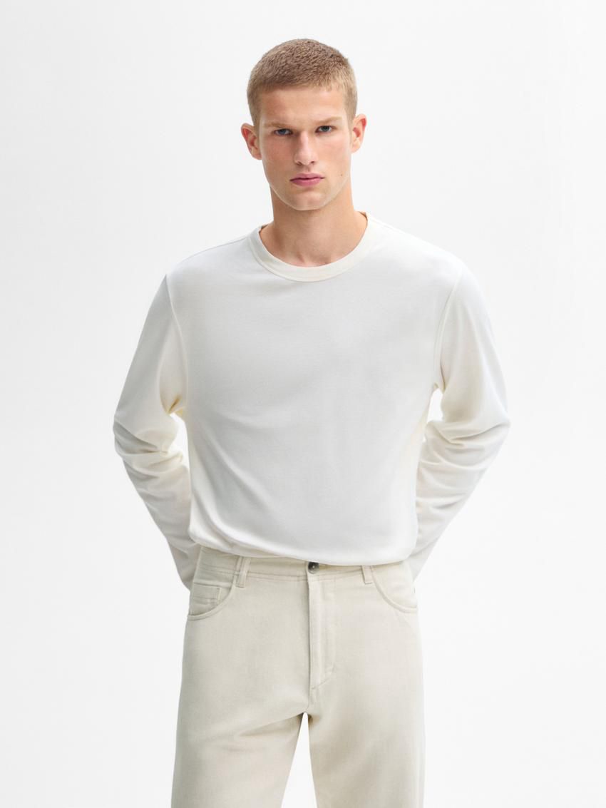 Massimo Dutti Long Sleeve Cotton Blend Men T-Shirt Cream | US-XJ9165874