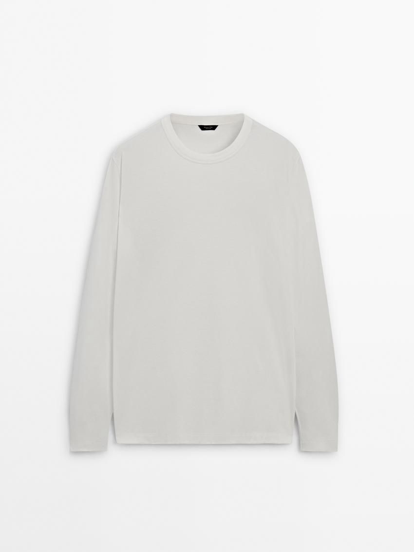 Massimo Dutti Long Sleeve Cotton Blend Men T-Shirt Cream | US-XJ9165874