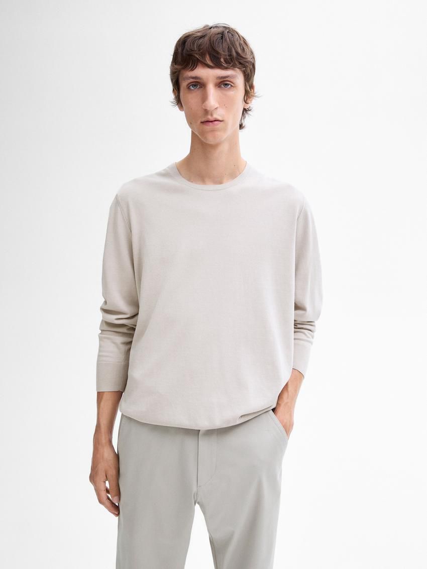 Massimo Dutti Long Sleeve Cotton Knit Men Sweater Beige | US-FV2401379