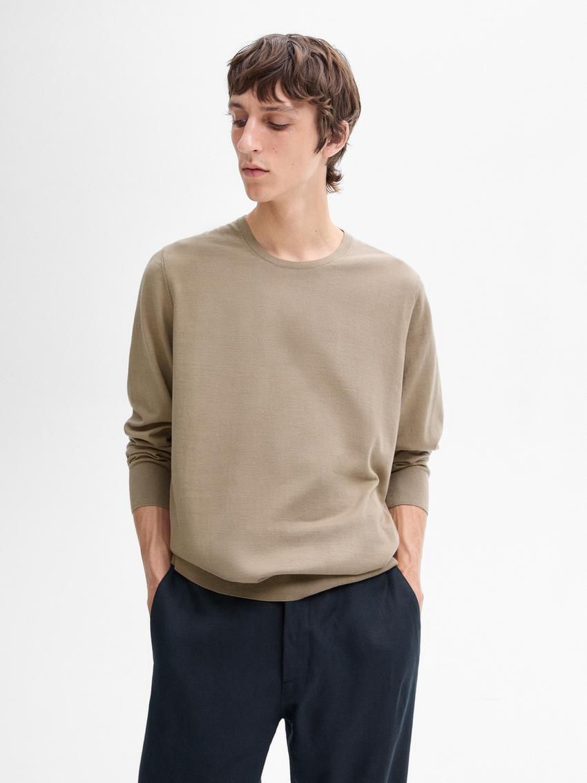 Massimo Dutti Long Sleeve Cotton Knit Men Sweater Khaki | US-DT8730125