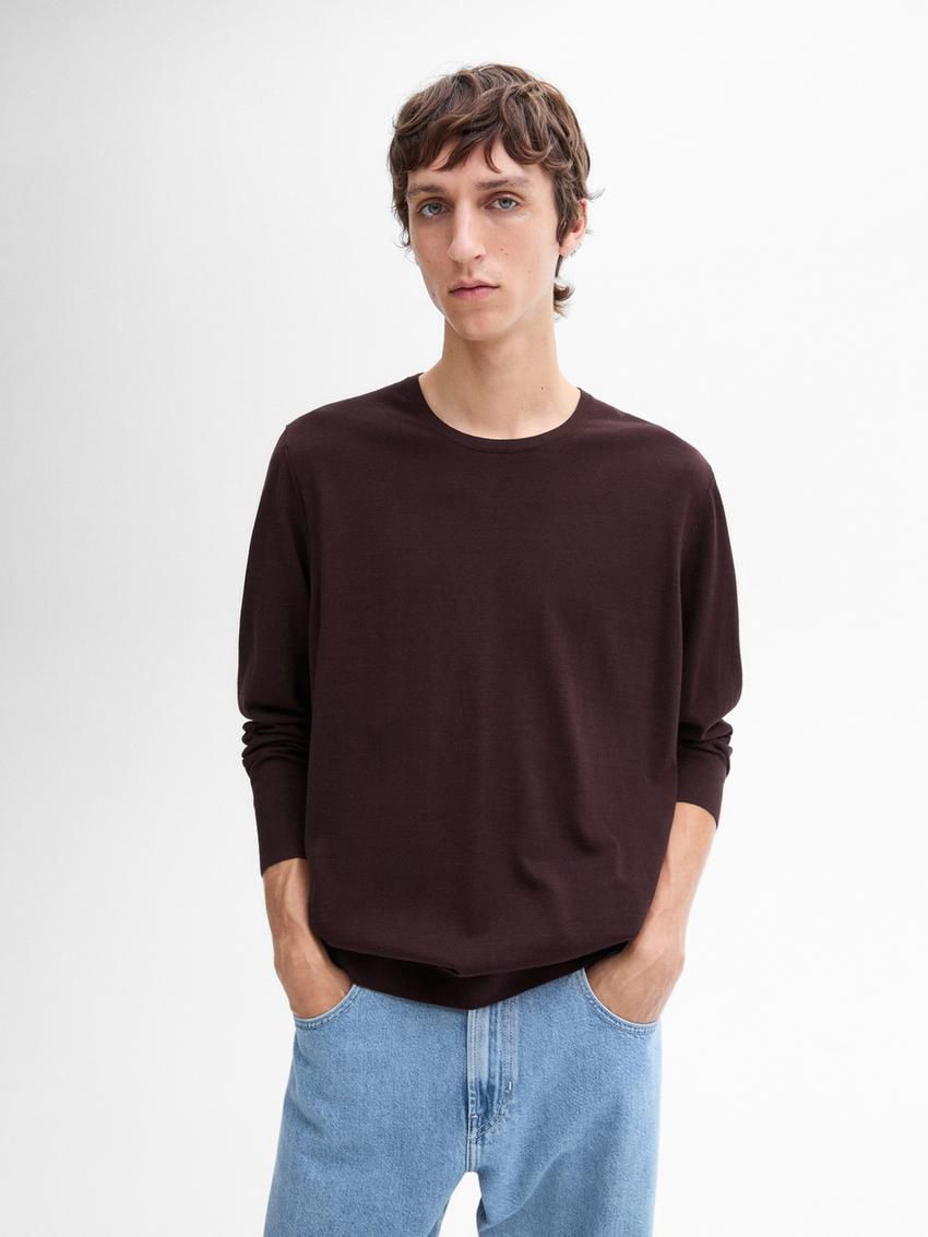 Massimo Dutti Long Sleeve Cotton Knit Men Sweater Burgundy | US-RC1206394