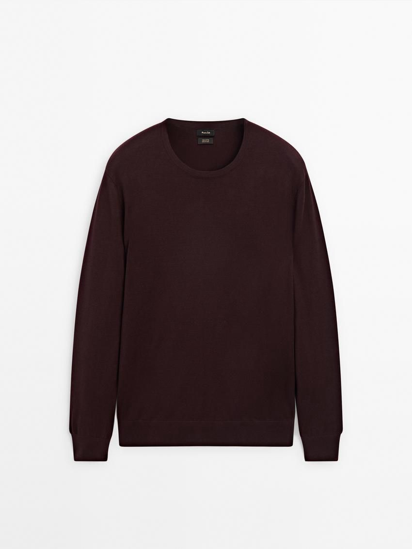 Massimo Dutti Long Sleeve Cotton Knit Men Sweater Burgundy | US-RC1206394