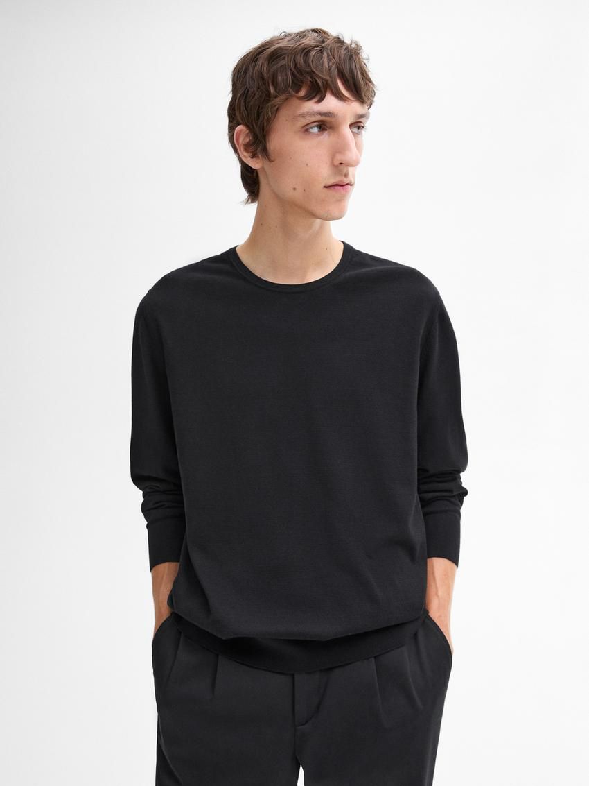 Massimo Dutti Long Sleeve Cotton Knit Men Sweater Black | US-SG1064972