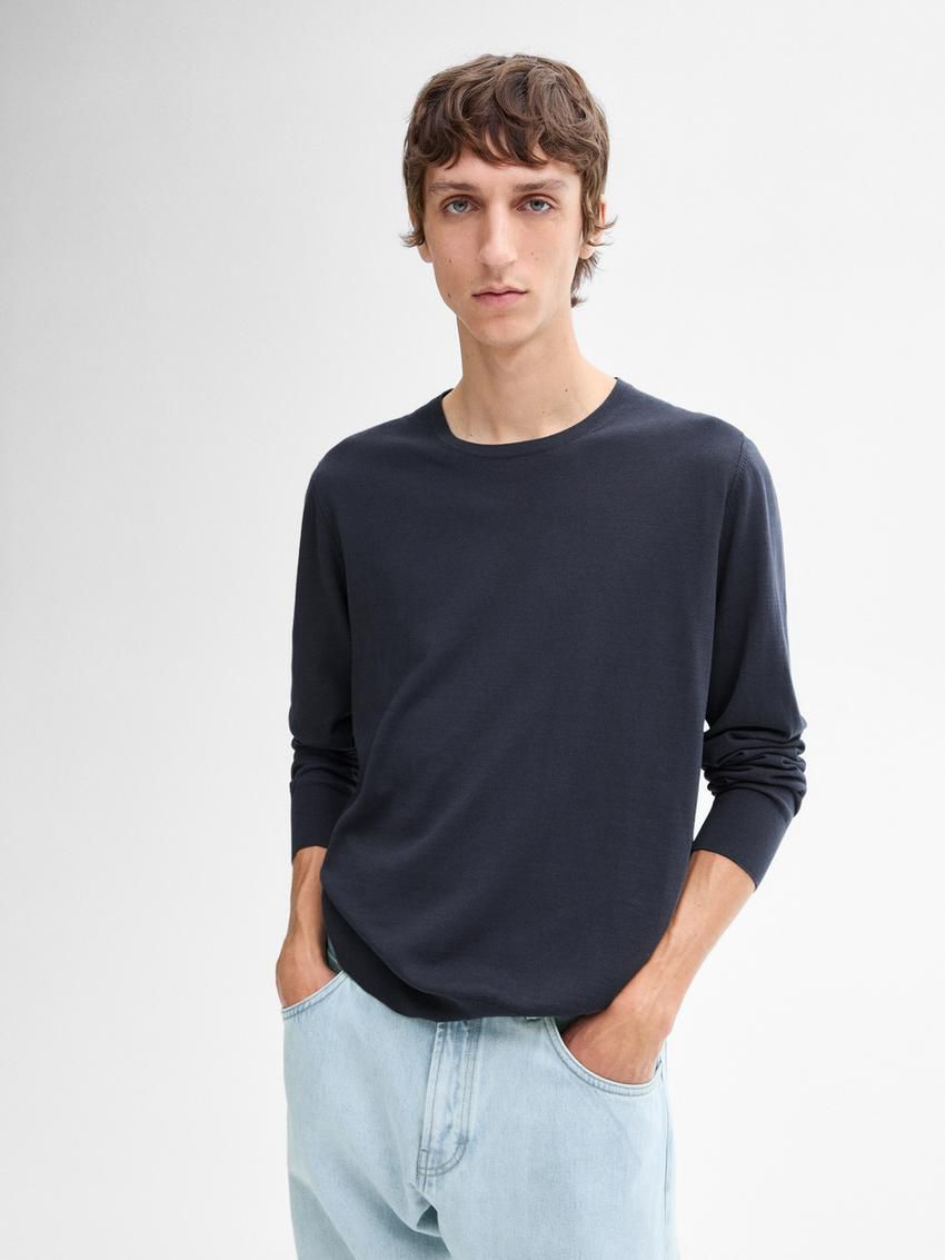 Massimo Dutti Long Sleeve Cotton Knit Men Sweater Dark Blue | US-XI4192083
