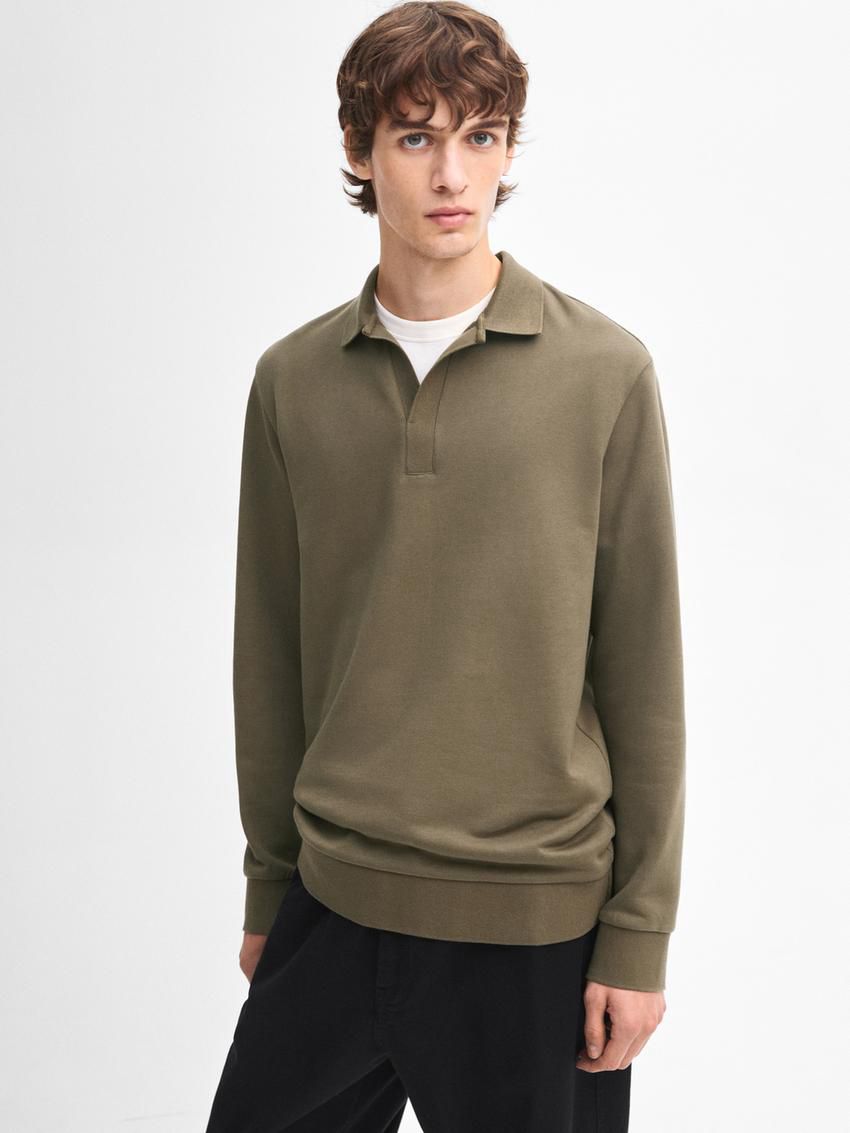 Massimo Dutti Long Sleeve Cotton Men Polo Shirt Khaki | US-RF0541968