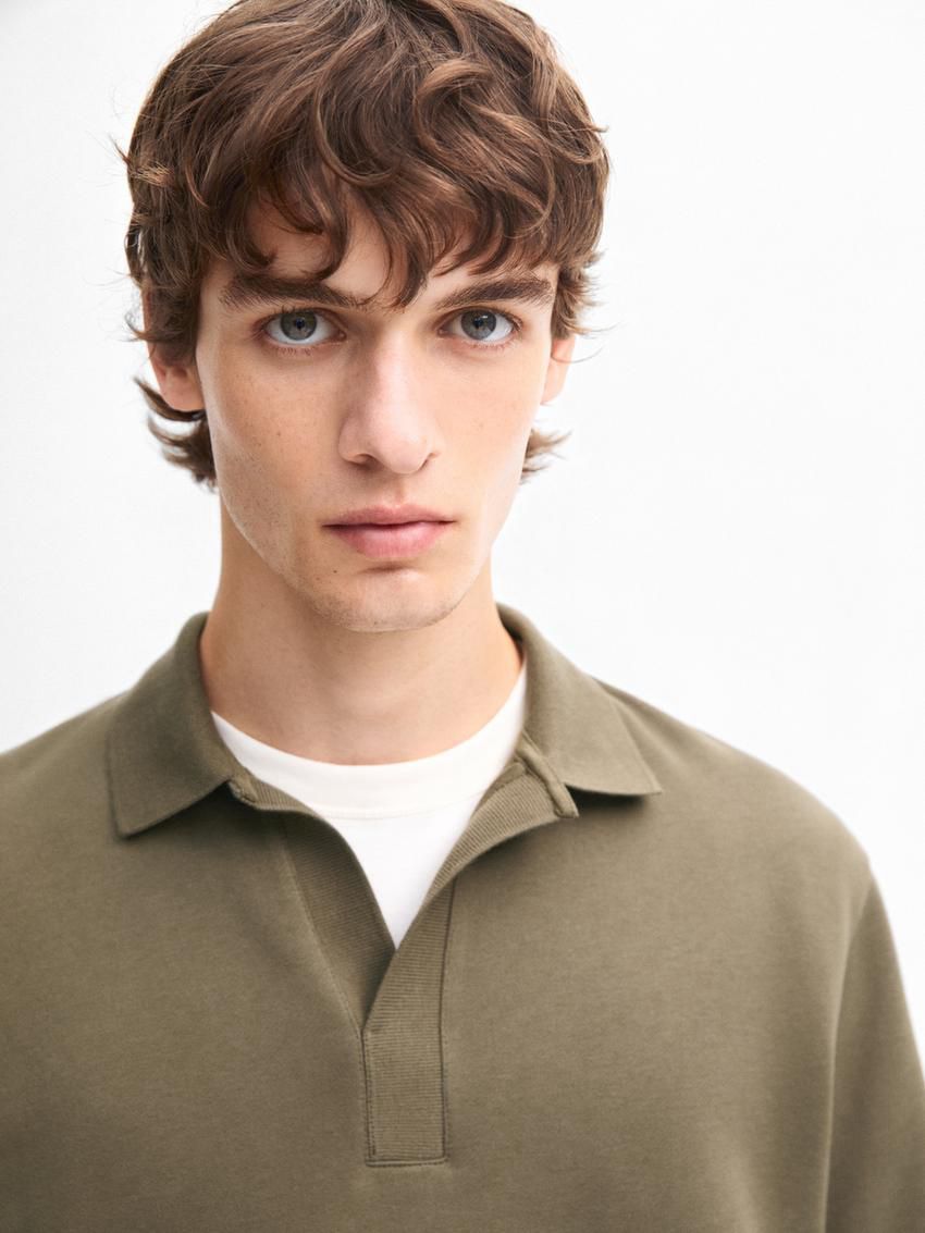 Massimo Dutti Long Sleeve Cotton Men Polo Shirt Khaki | US-RF0541968