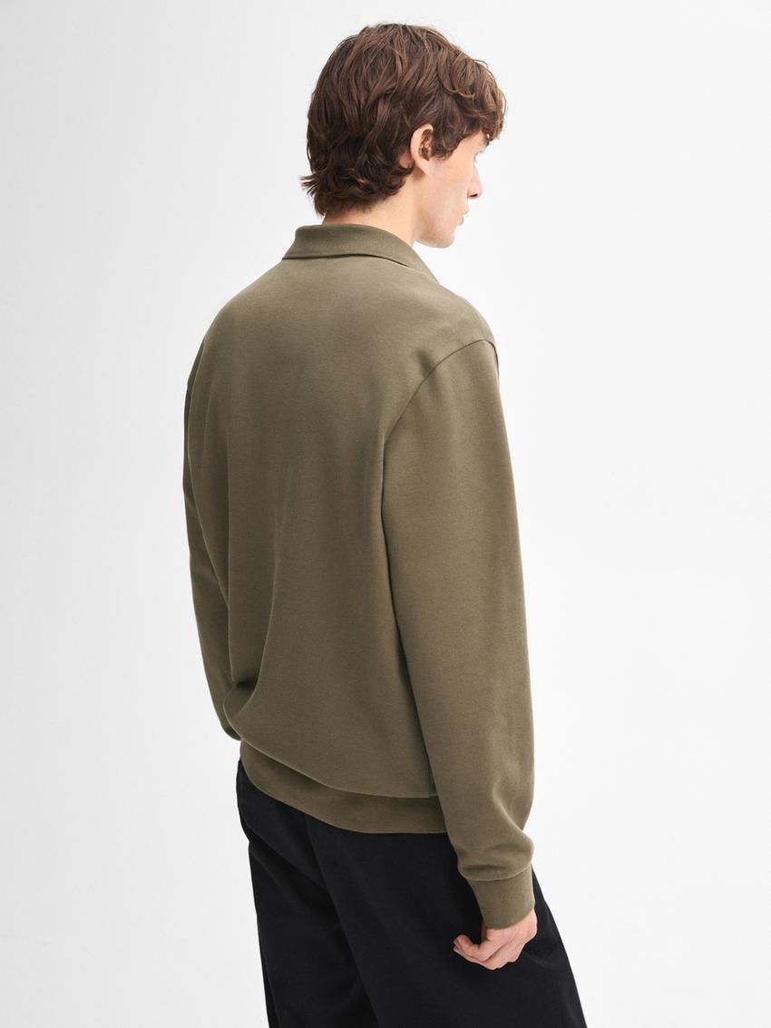Massimo Dutti Long Sleeve Cotton Men Polo Shirt Khaki | US-RF0541968
