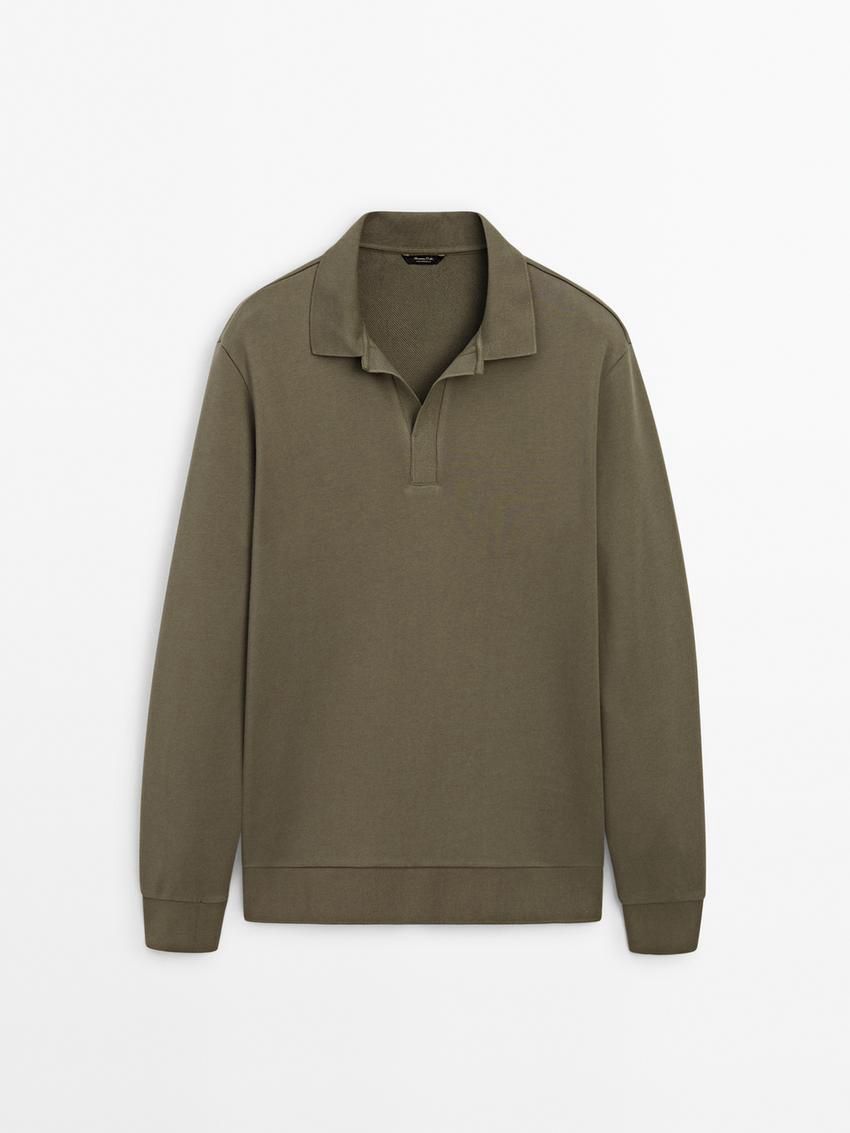 Massimo Dutti Long Sleeve Cotton Men Polo Shirt Khaki | US-RF0541968