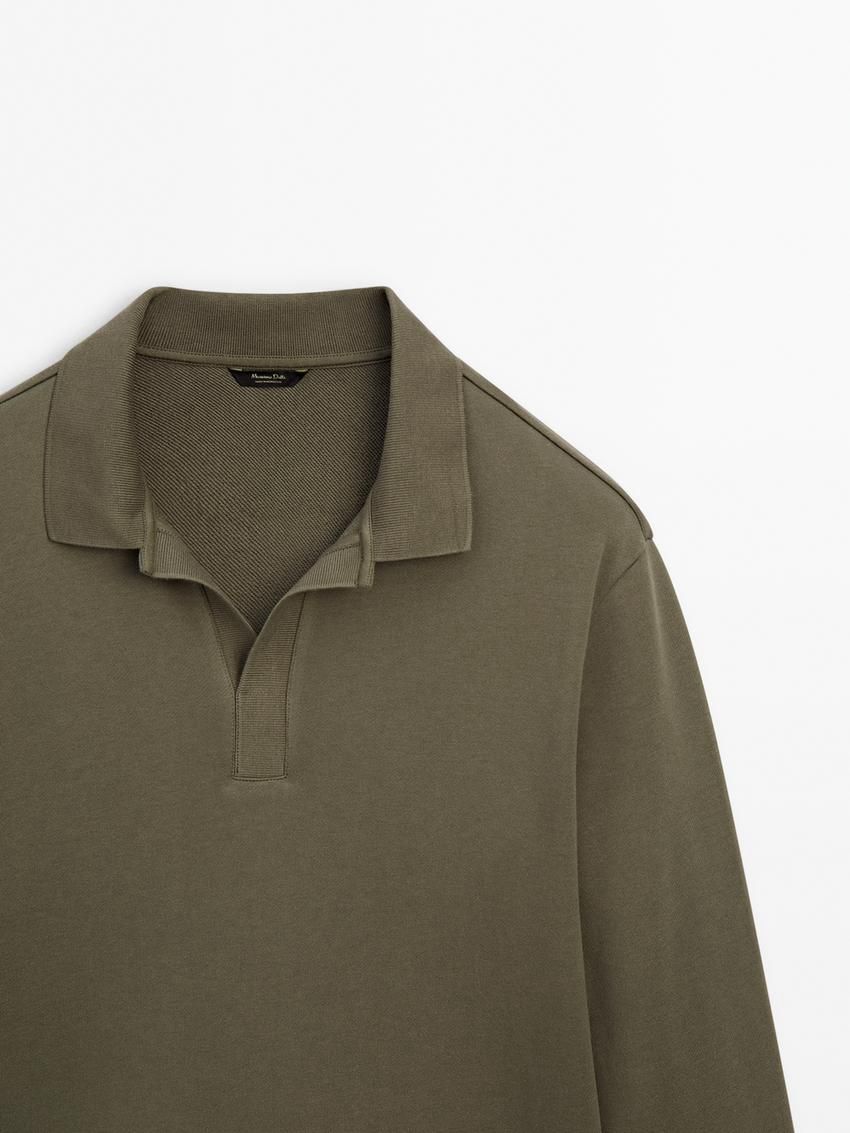 Massimo Dutti Long Sleeve Cotton Men Polo Shirt Khaki | US-RF0541968