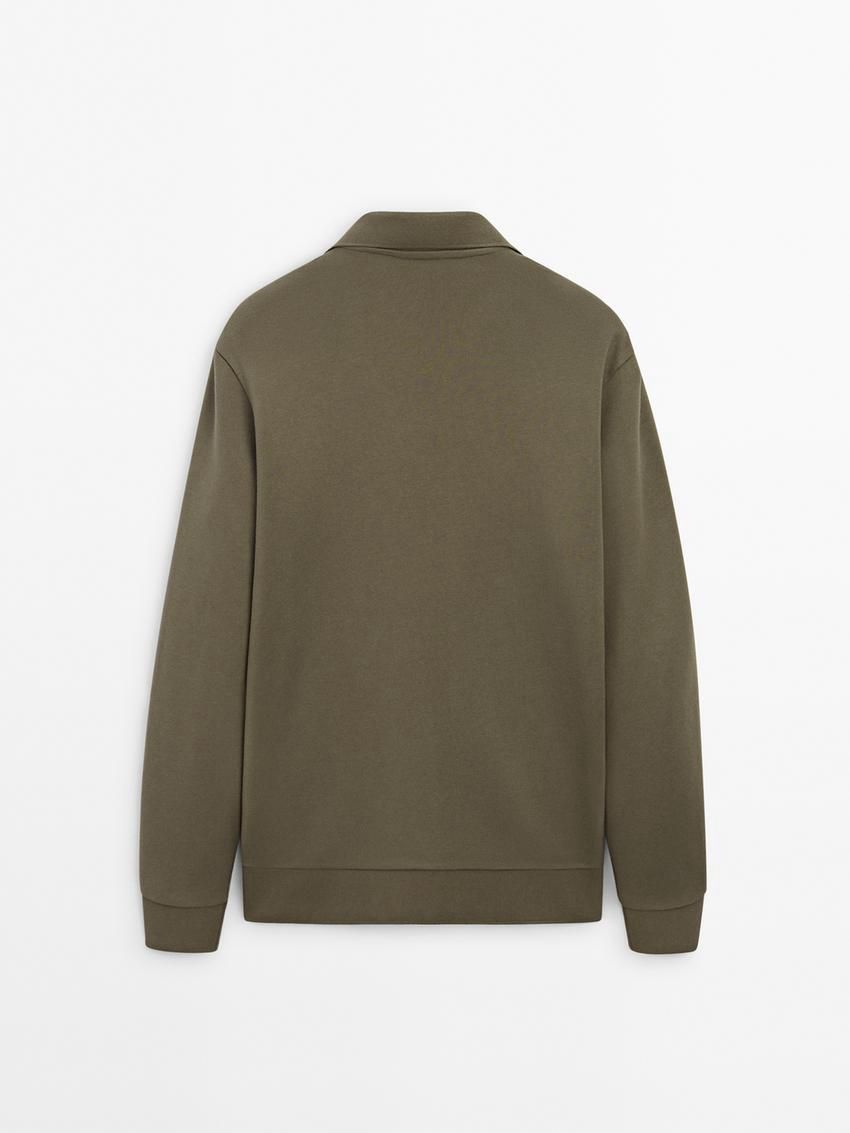 Massimo Dutti Long Sleeve Cotton Men Polo Shirt Khaki | US-RF0541968
