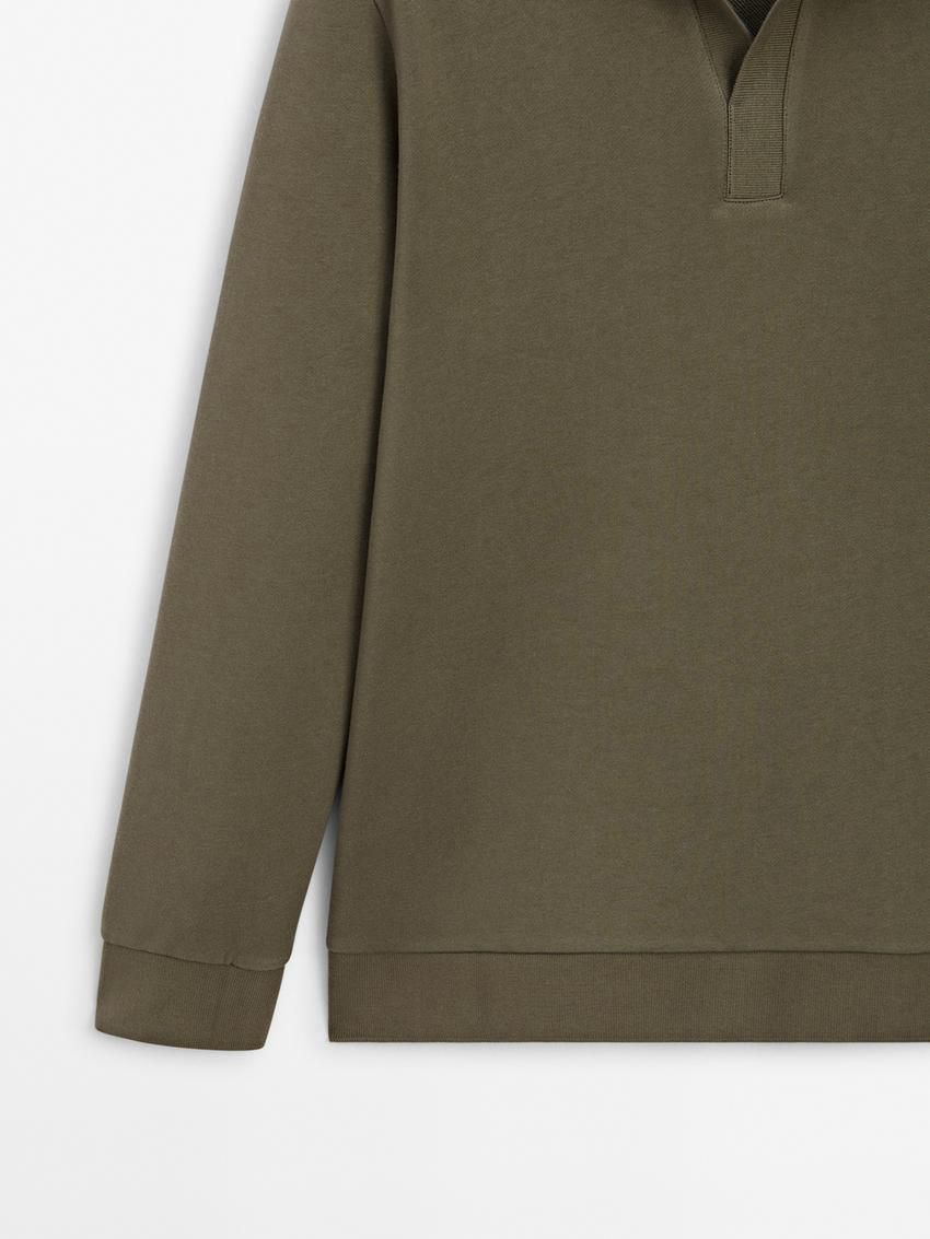 Massimo Dutti Long Sleeve Cotton Men Polo Shirt Khaki | US-RF0541968