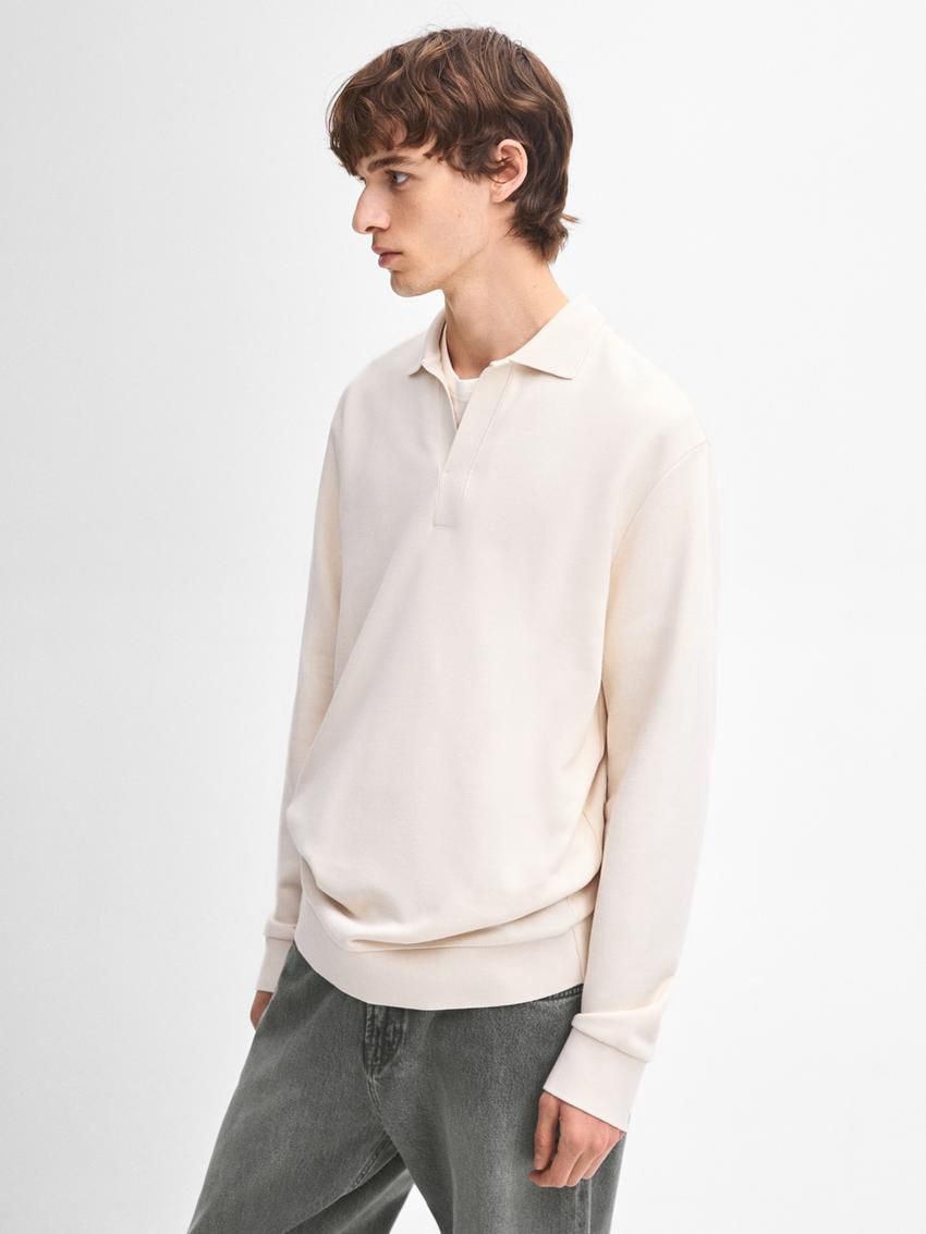 Massimo Dutti Long Sleeve Cotton Men Polo Shirt Beige | US-VG9745328