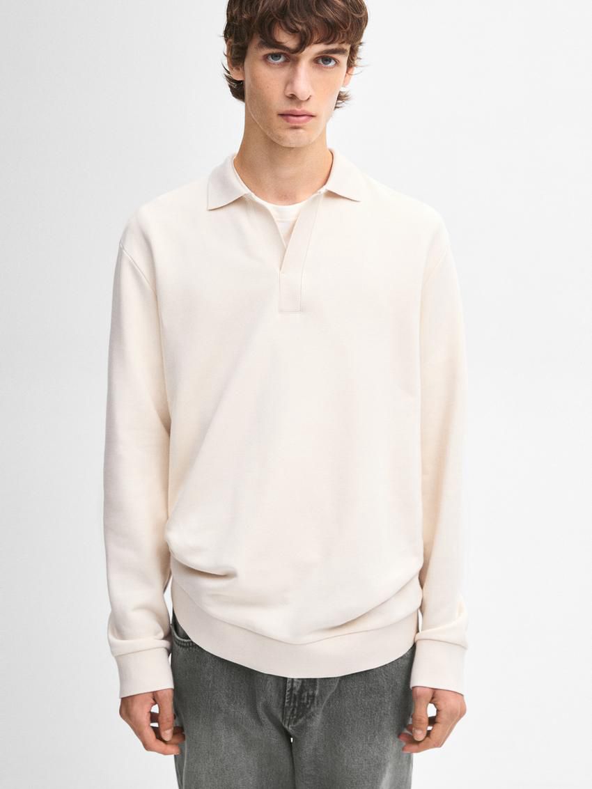 Massimo Dutti Long Sleeve Cotton Men Polo Shirt Beige | US-VG9745328