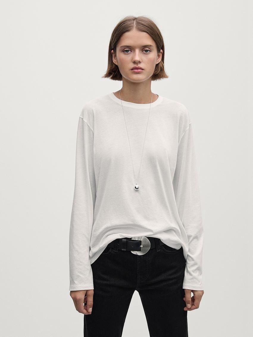 Massimo Dutti Long Sleeve Cotton Women T-Shirt White | US-KQ7682915