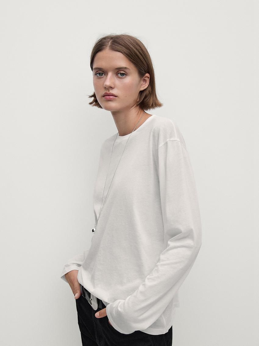 Massimo Dutti Long Sleeve Cotton Women T-Shirt White | US-KQ7682915