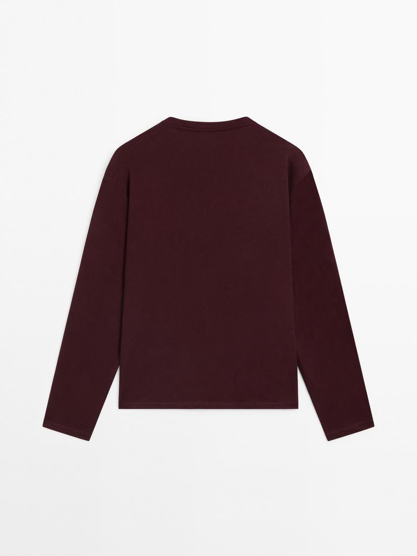 Massimo Dutti Long Sleeve Cotton Women T-Shirt Burgundy | US-FV7895620