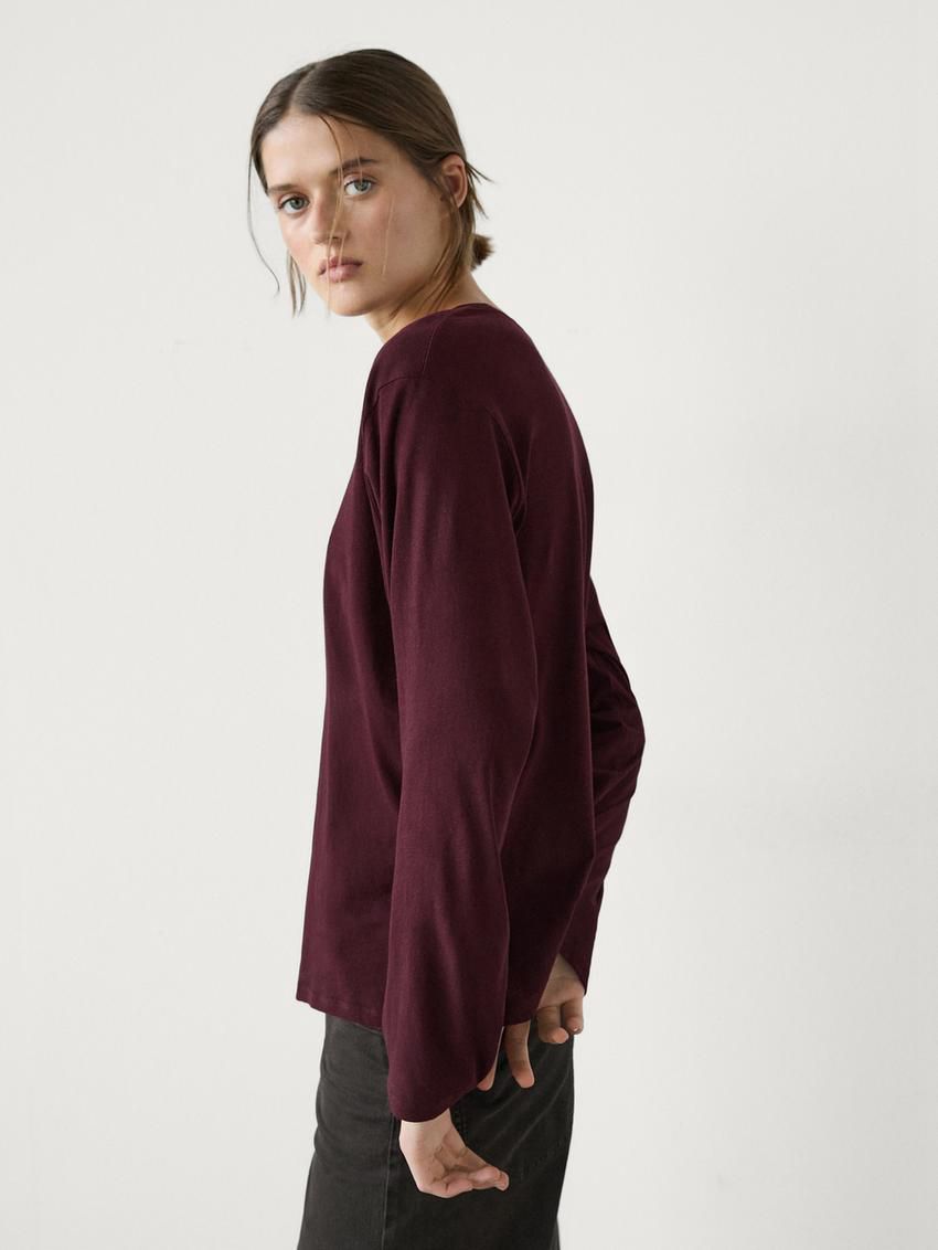 Massimo Dutti Long Sleeve Cotton Women T-Shirt Burgundy | US-FV7895620