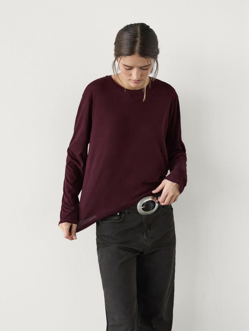 Massimo Dutti Long Sleeve Cotton Women T-Shirt Burgundy | US-FV7895620