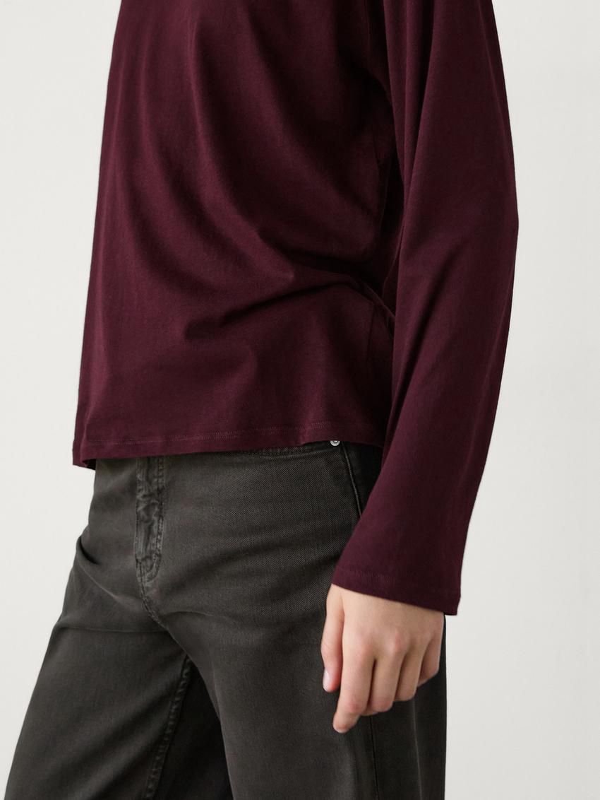 Massimo Dutti Long Sleeve Cotton Women T-Shirt Burgundy | US-FV7895620
