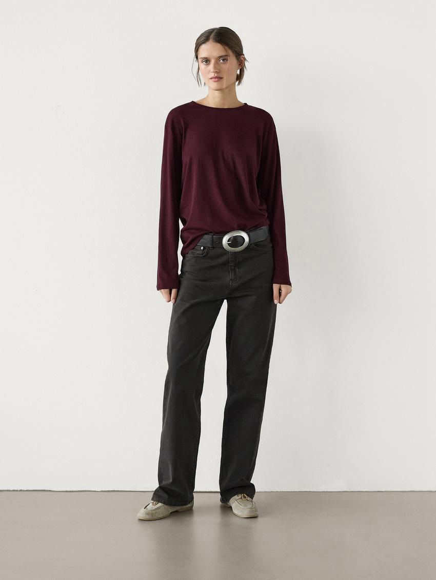 Massimo Dutti Long Sleeve Cotton Women T-Shirt Burgundy | US-FV7895620