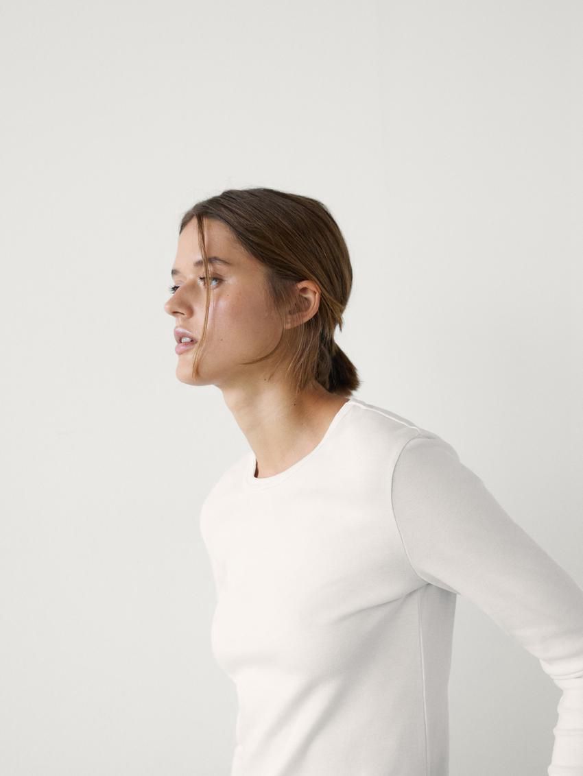 Massimo Dutti Long Sleeve Cotton Women T-Shirt Cream | US-WJ4829760