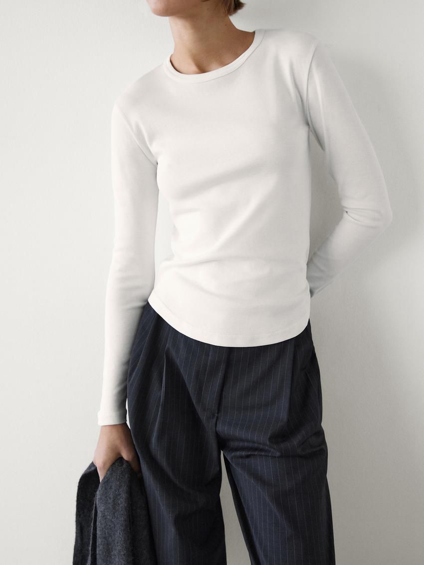 Massimo Dutti Long Sleeve Cotton Women T-Shirt Cream | US-WJ4829760