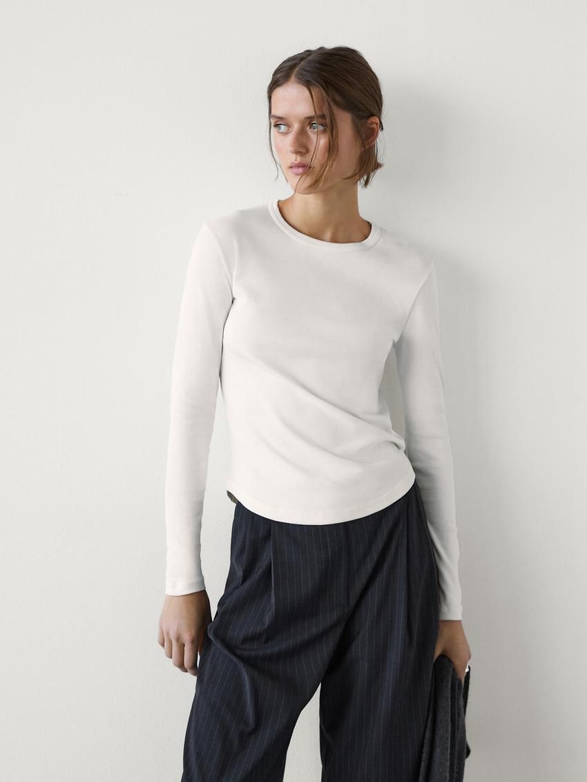 Massimo Dutti Long Sleeve Cotton Women T-Shirt Cream | US-WJ4829760