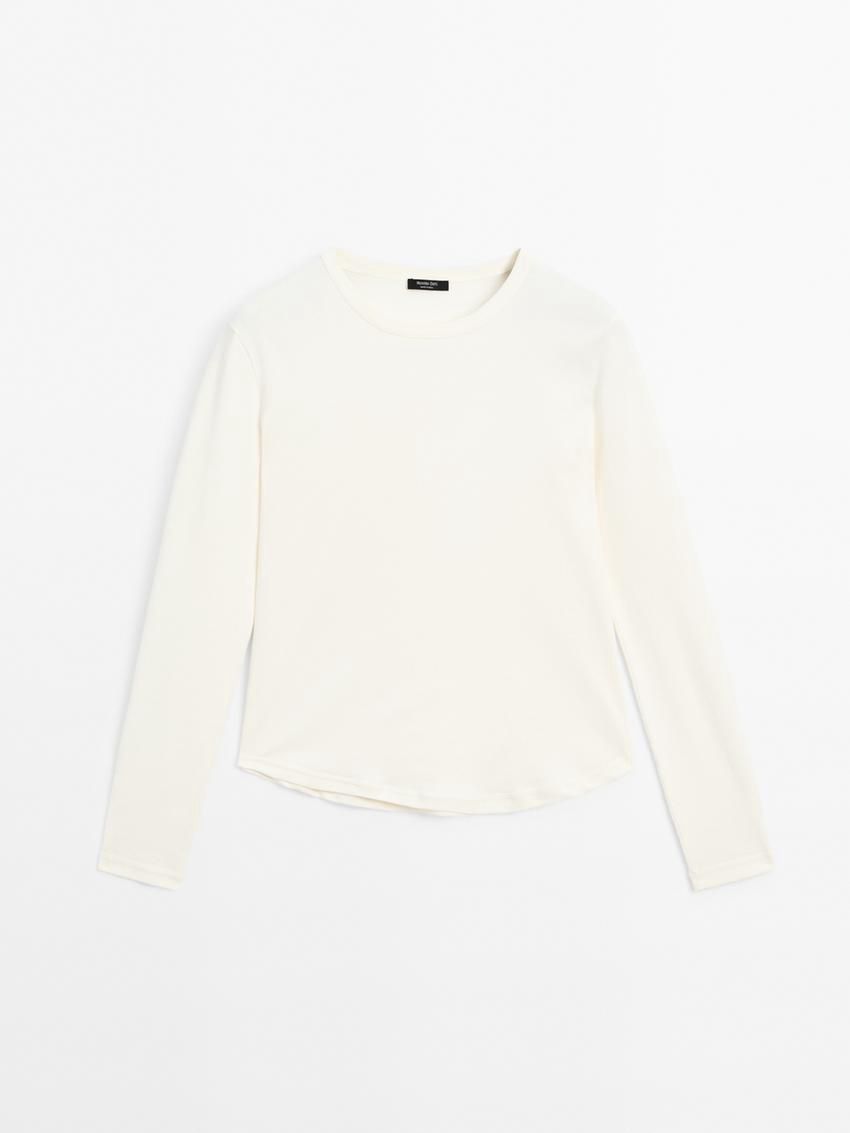 Massimo Dutti Long Sleeve Cotton Women T-Shirt Cream | US-WJ4829760
