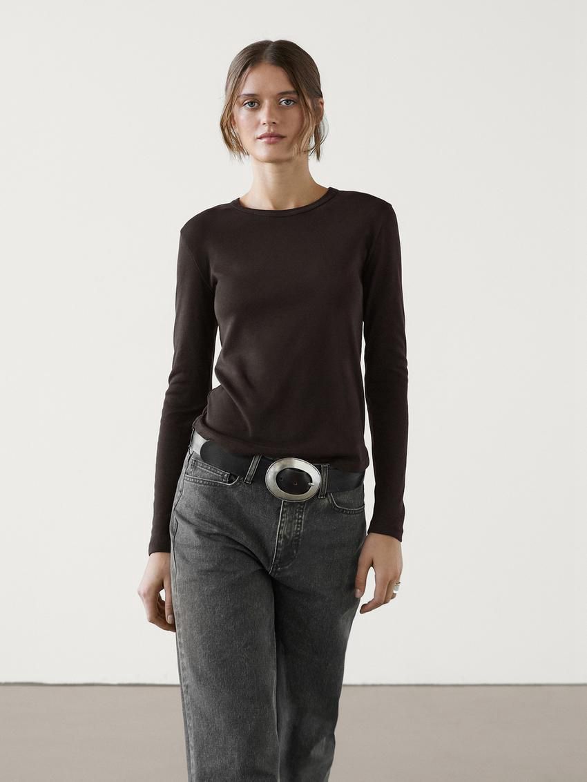 Massimo Dutti Long Sleeve Cotton Women T-Shirt Dark Brown | US-BZ5197482