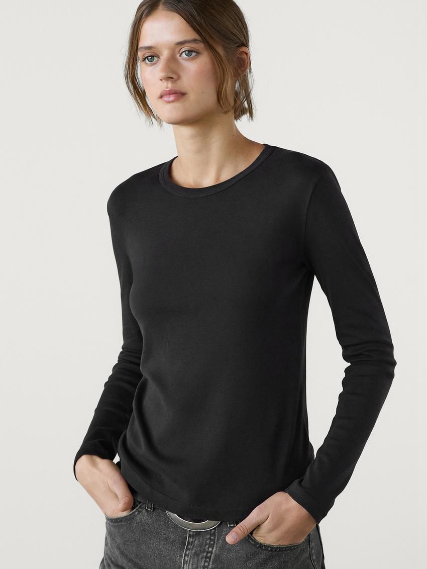 Massimo Dutti Long Sleeve Cotton Women T-Shirt Dark Brown | US-BZ5197482
