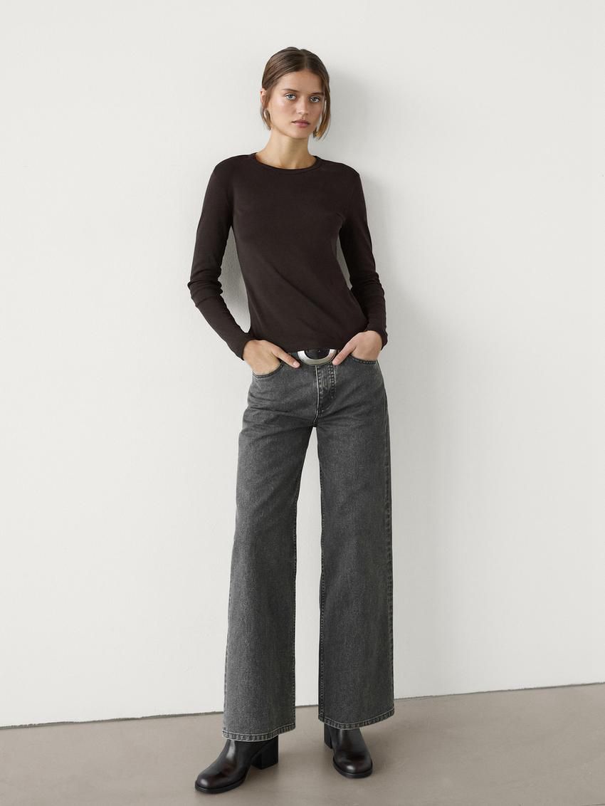 Massimo Dutti Long Sleeve Cotton Women T-Shirt Dark Brown | US-BZ5197482