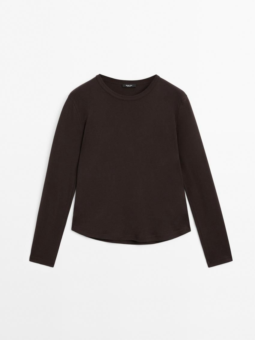 Massimo Dutti Long Sleeve Cotton Women T-Shirt Dark Brown | US-BZ5197482