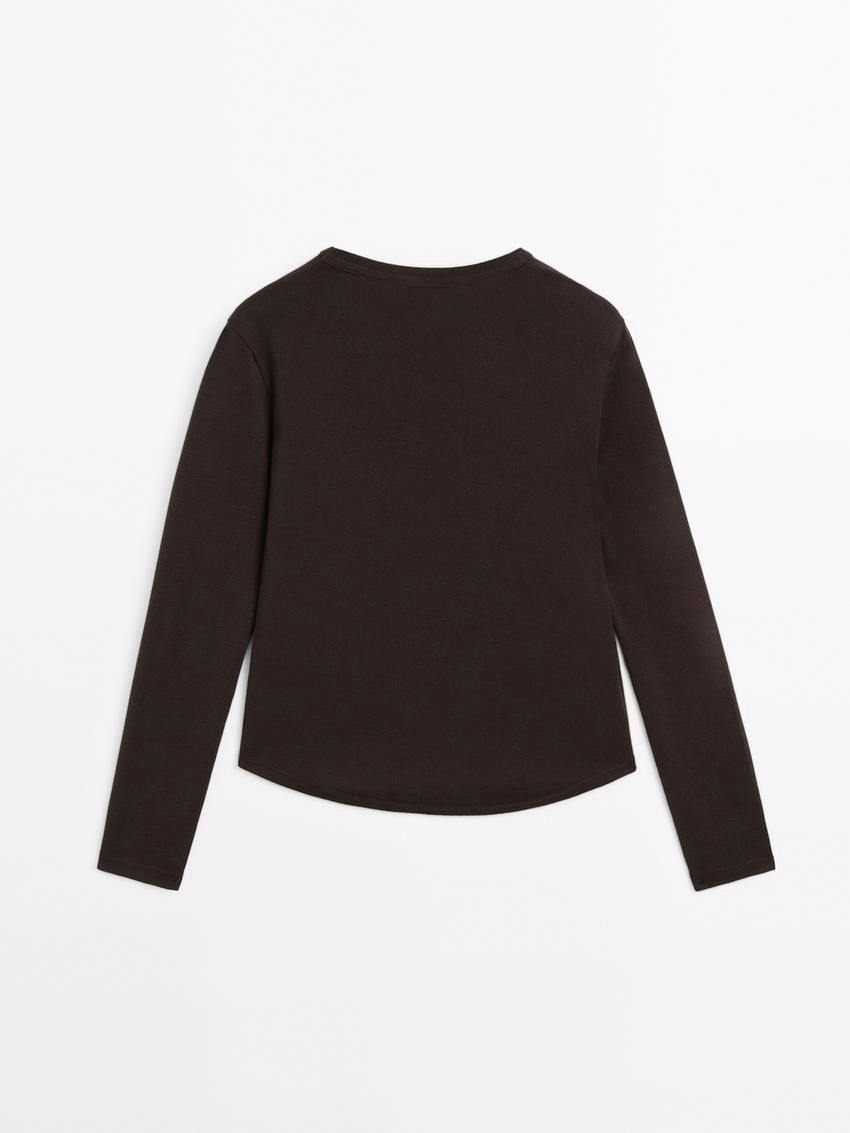 Massimo Dutti Long Sleeve Cotton Women T-Shirt Dark Brown | US-BZ5197482