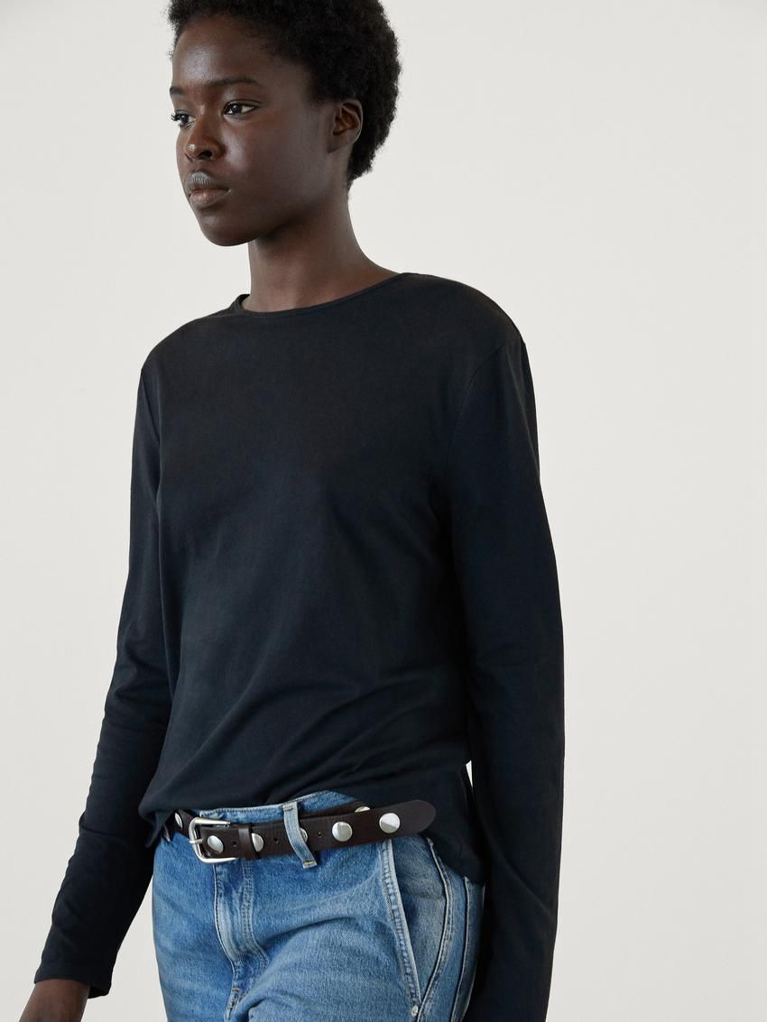 Massimo Dutti Long Sleeve Cotton Women T-Shirt Navy | US-DK5489620