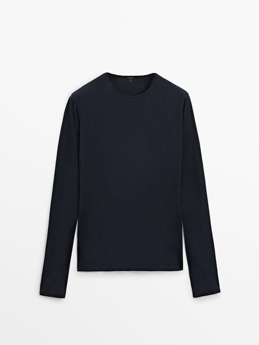 Massimo Dutti Long Sleeve Cotton Women T-Shirt Navy | US-DK5489620
